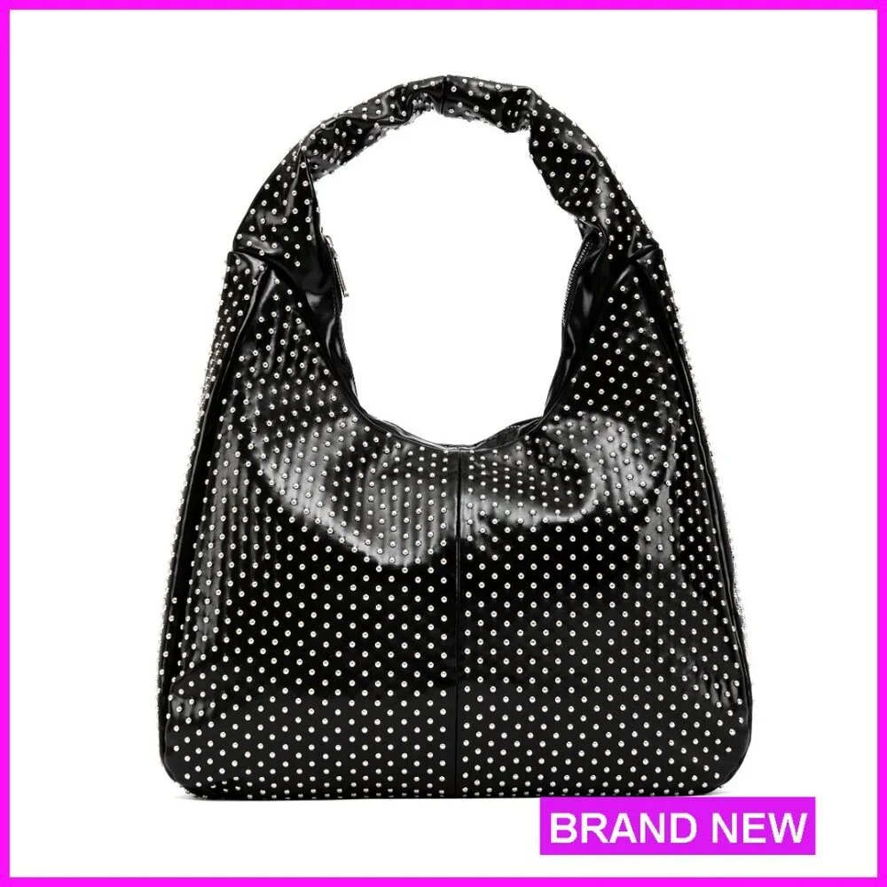 Faux Leather Hobo Shoulder Bag with Rhinestones, Spacious Work Tote